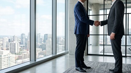 Fototapeta premium Businessmen shaking hands in modern office for corporate partnership and success with city skyline background through window