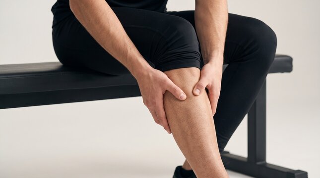 Man with calf pain holding leg muscle cramp after workout sitting on gym bench, athlete sports injury medical concept, physical therapy rehabilitation and pain relief for muscle strain