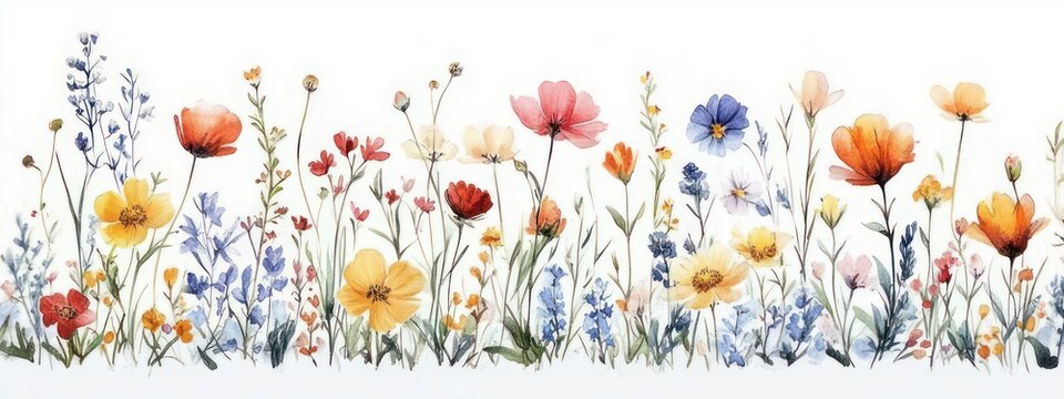 delicate watercolor wildflower border of tall stems and pastel blooms in soft reds, oranges, yellows, pinks and blues, airy whimsical and serene botanical scene
