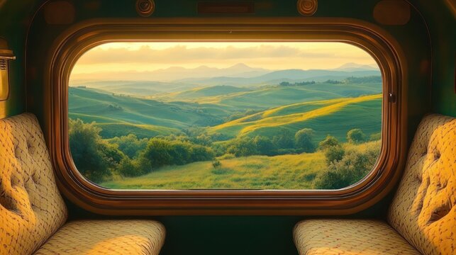 sunlit rolling hills and distant mountains framed by a train carriage window with two cozy tufted seats, peaceful golden hour countryside evoking calm and travel nostalgia