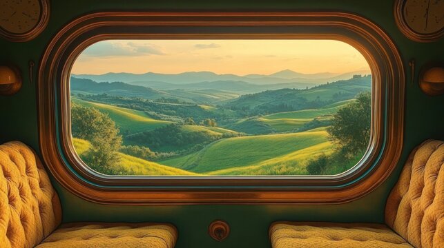 cozy train window framing golden rolling green hills at sunset, peaceful countryside view