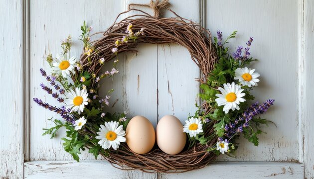 Cheerful spring grapevine wreath with daisies, lavender, greenery and two eggs hanging on a distressed white wooden door, welcoming farmhouse charm