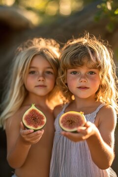 Two sunlit children holding halved figs toward the camera with warm golden backlight, playful and inviting mood