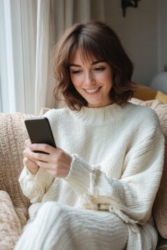 Person with shoulder-length brown hair in a cozy cream knit sweater sitting on a textured sofa by a window using a smartphone, relaxed and calm mood