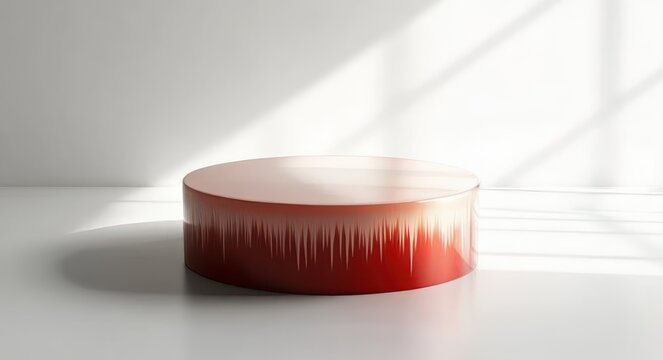 minimalist red cylindrical podium with vertical waveform pattern on white surface bathed in soft window light and long shadows, serene modern presentation scene