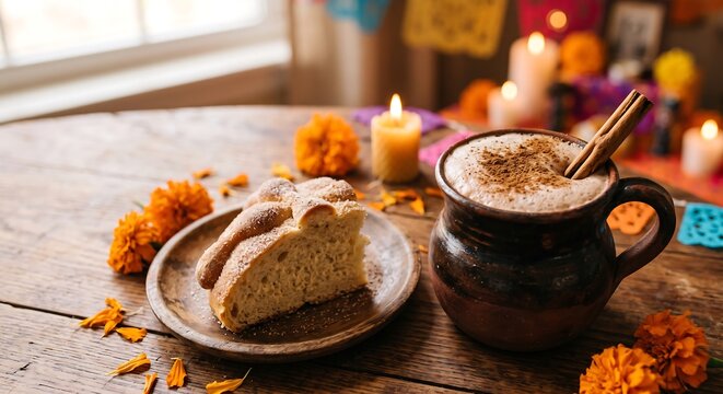Mexican hot chocolate with cinnamon and sweet bread served beside marigold flowers and candles, traditional Dia de los Muertos celebration still life with cozy autumn table setting