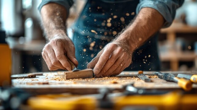 close-up of a craftsman's hands planing a wooden plank on a cluttered workbench, wood shavings flying and focused concentration captured in motion