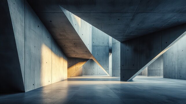 Spacious minimal concrete interior with angular walls, slanted beams, triangular skylights and long dramatic shadows conveying a calm, austere atmosphere