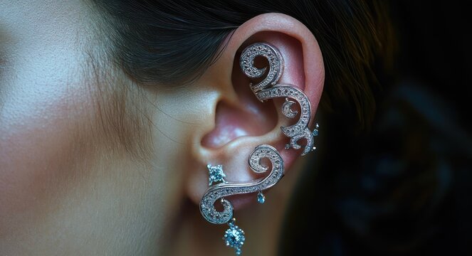 Close-up of a woman's ear adorned with an ornate silver and diamond ear cuff featuring swirling filigree and a dangling teardrop gem, conveying elegant glamour