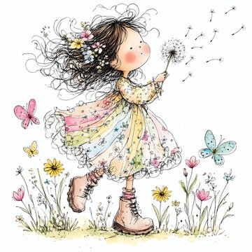 Little Girl Blowing Dandelion in Spring Garden