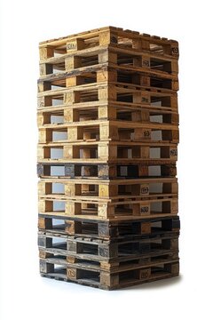 Towering stack of weathered wooden pallets with mixed dark and light boards on white background conveying sturdy industrial order and quiet utilitarian strength