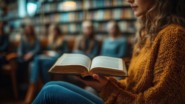 young woman in a mustard sweater reading an open book in a cozy library with a blurred group of listeners in the background, calm and focused atmosphere