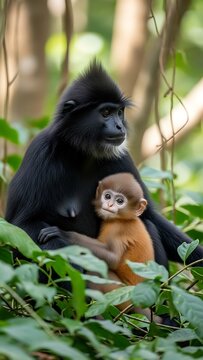 Mother and Baby Monkey in Lush Green Forest.