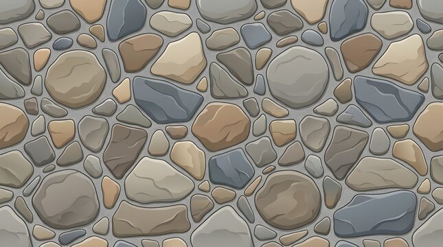 seamless vector pattern of hand drawn colorful stone wall texture with various rock shapes and grey grout lines for game design background illustration