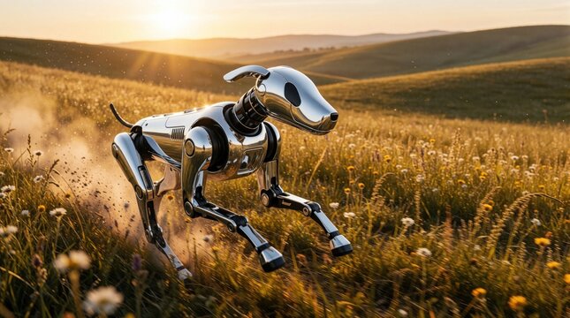 Shiny robotic dog runs through grassy field at sunset. Metal canine sprints fast through wildflowers during golden hour light, showing future tech.