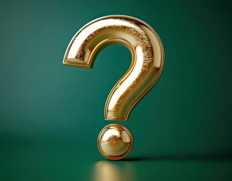 large polished golden question mark sculpture on teal background conveying curiosity and mystery