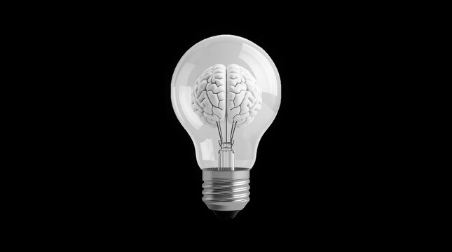 Glowing light bulb with 3D brain inside symbolizing AI innovation and creative business ideas isolated on black