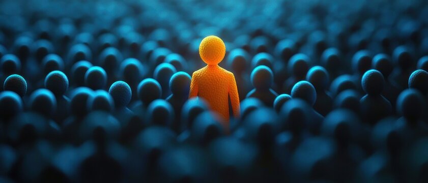glowing orange figure standing among a crowd of dark blue stylized figures, dramatic lighting conveying individuality and quiet confidence