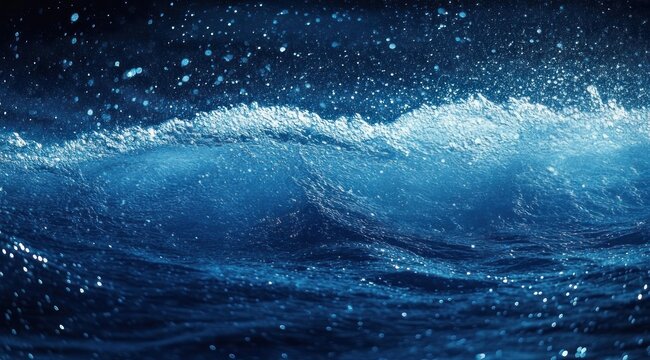 Deep blue ocean wave cresting with foamy white spray and sparkling droplets, conveying powerful energetic motion against a dark sea backdrop