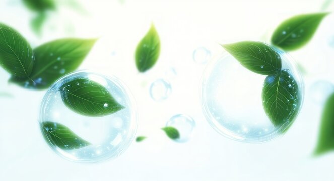 floating green leaves encased in transparent bubbles with water droplets and light sparkles on a soft glowing white background, calm and uplifting