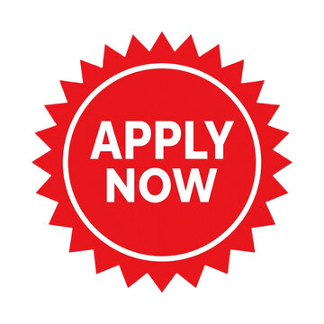Red starburst sticker with white text that says apply now isolated on a solid black background