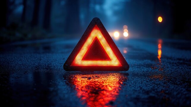 red illuminated warning triangle on wet asphalt reflecting light with blurred approaching car headlights and foggy tree-lined road, tense rainy night roadside scene