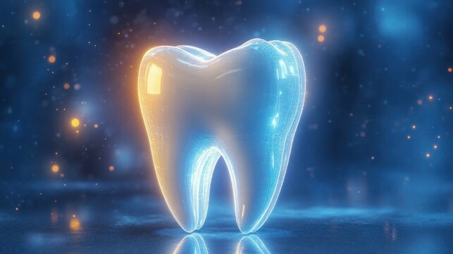 glowing holographic tooth molar floating in blue space with warm orange highlights and sparkling particles, futuristic and serene medical concept