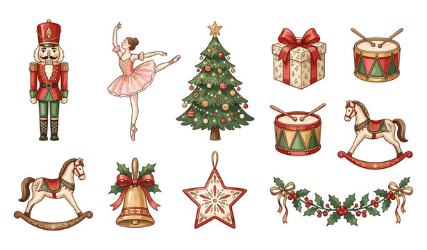 Watercolor Christmas Nutcracker ballet clip art vector collection with festive pine tree, ballerina dancer, rocking horse, gift box, drums, bell, and holly garland ornaments