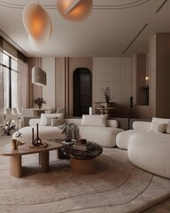 Fototapeta premium Modern Minimalist Living Room with Organic Shaped Lighting and Neutral Tones