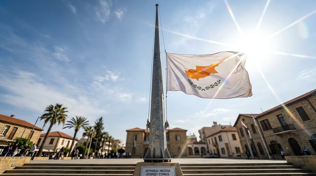 National flag of Cyprus waving in Nicosia square on a sunny day