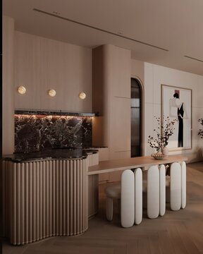 Modern Minimalist Bar Counter with Marble and White Seating Area