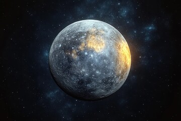 Fototapeta premium Cratered rocky moon with a warm golden illuminated region floating alone in a star-filled cosmos, mysterious and majestic