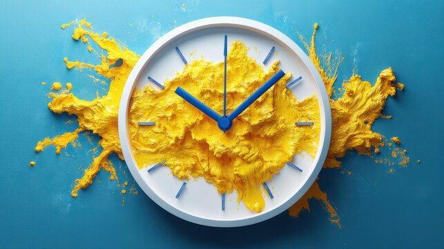 white round clock with blue hands bursting through thick textured yellow paint splash on blue background, vibrant energetic playful chaos