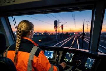 Fototapeta premium Woman train driver operates modern locomotive dashboard at dusk. Female engineer controls train on railway tracks, overseeing signals and controls during sunset journey.