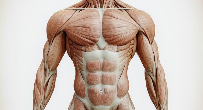 frontal anatomical view of a human muscular torso with exposed pectorals, deltoids, abdominal muscles and arms, clinical neutral mood