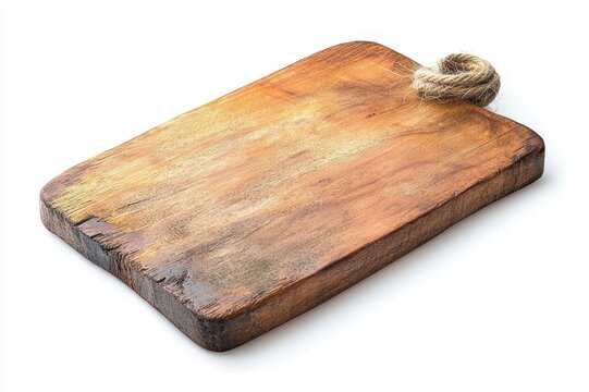 worn wooden cutting board with rope handle on white background, rustic warm inviting kitchen piece