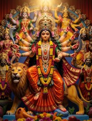 Obraz premium Goddess Durga idol with many arms sits on lion. Hindu deity celebrates Navratri, Dussehra festival. Traditional Indian puja decoration features colorful statue of Maa Durga. Divine woman holds