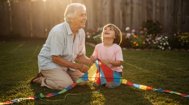 Joyful Grandmother and Grandchild Flying Colorful Kite in Sunlit Backyard Garden, Warm Golden Light Illuminating Faces, Vibrant Flowers Blooming, Capturing Generational Bond and Happiness