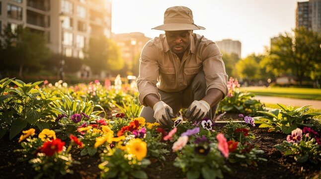 Dedicated Gardener Planting Vibrant Flowers in Urban Park, Golden Hour Sunlight Creating Warm Glow, Colorful Blooms in Foreground, Soft Focus Cityscape, Capturing Harmony with Nature
