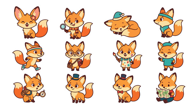 Adorable fox character set with various poses and accessories.