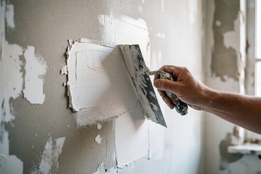 Hand lays plaster on wall in renovation interior. Worker applies mud for wall repairs home building. Closeup shows tools, surfaces in house painting jobs. Scene captures detail of plastering process