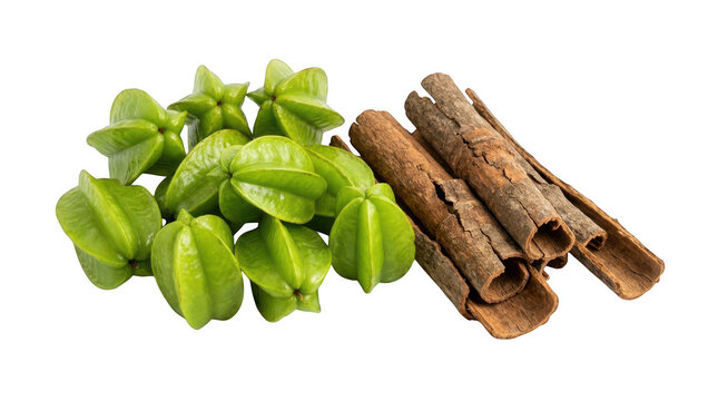 Star fruit and cinnamon sticks isolated on transparent background
