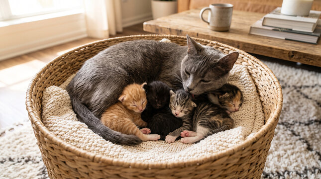 A mother cat resting in a woven basket with her four newborn kittens of various colors, including orange, black, and tabby, in a cozy home setting