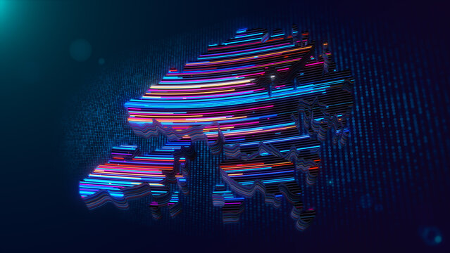 Abstract 3D extruded Hong Kong map featuring colorful glowing lines over a futuristic blue digital grid with particles, depth of field, light flare, bokeh, and modern visual styling.