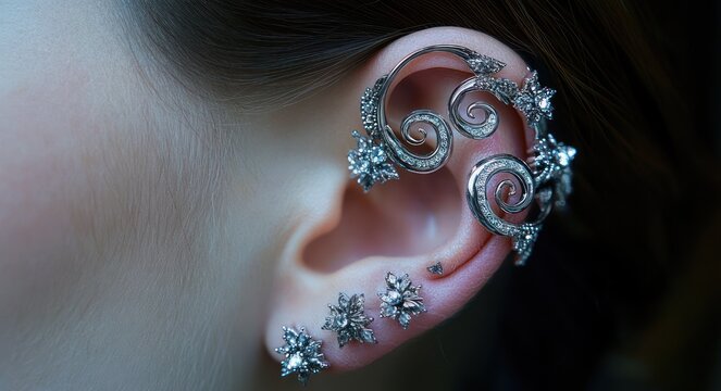 close-up of a delicate ear adorned with an ornate silver spiral cuff and multiple floral stud earrings, elegant and whimsical