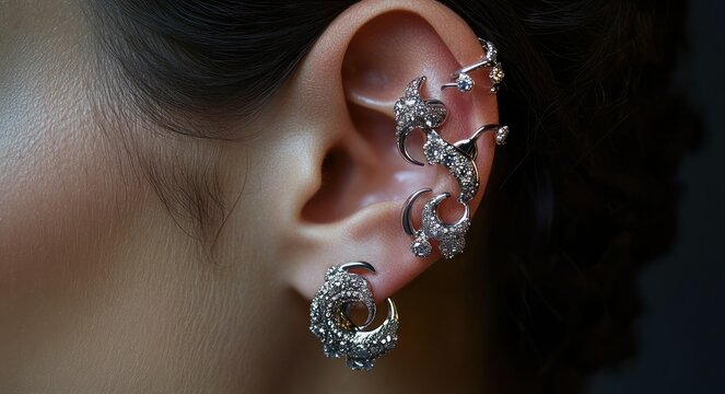 close-up of an ear adorned with multiple sparkling silver crystal ear cuffs, crescent-shaped studs and a decorative hoop evoking elegant glamorous style