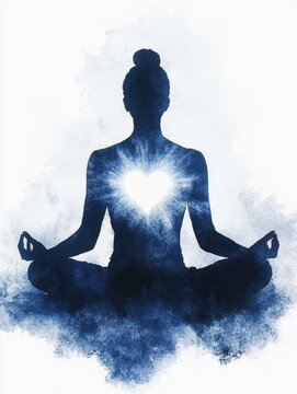 person meditating in lotus pose with radiant heart-shaped light, blue watercolor silhouette conveying calm, serenity and inner peace
