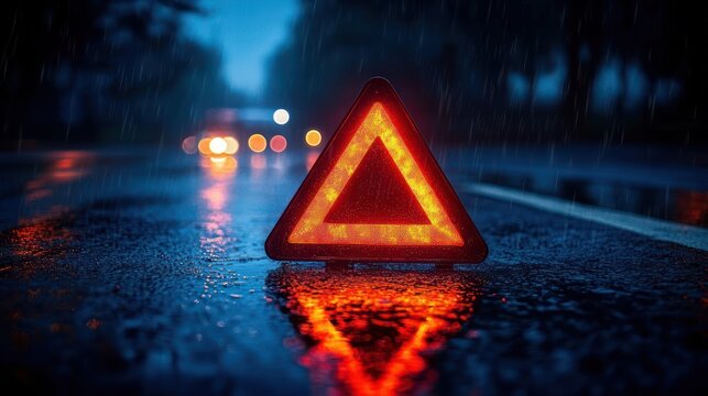 Reflective warning triangle glowing on a rain-slick road at night with blurred car headlights in the background, creating a tense, urgent atmosphere