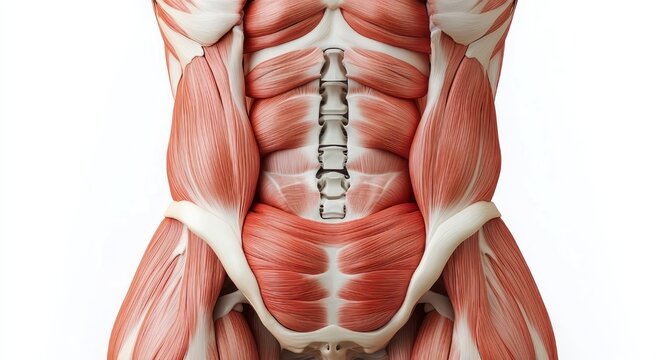 detailed medical illustration of exposed abdominal and pelvic muscles showing lumbar spine, pelvis and hip anatomy with a clinical educational tone