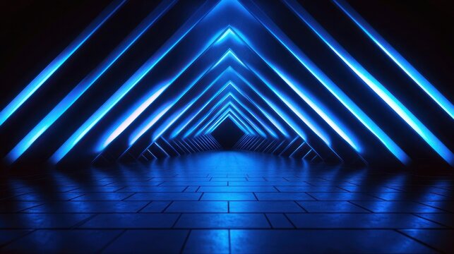 futuristic triangular neon tunnel with glowing blue V-shaped arches and reflective tiled floor, dark ambient lighting evoking mystery and awe